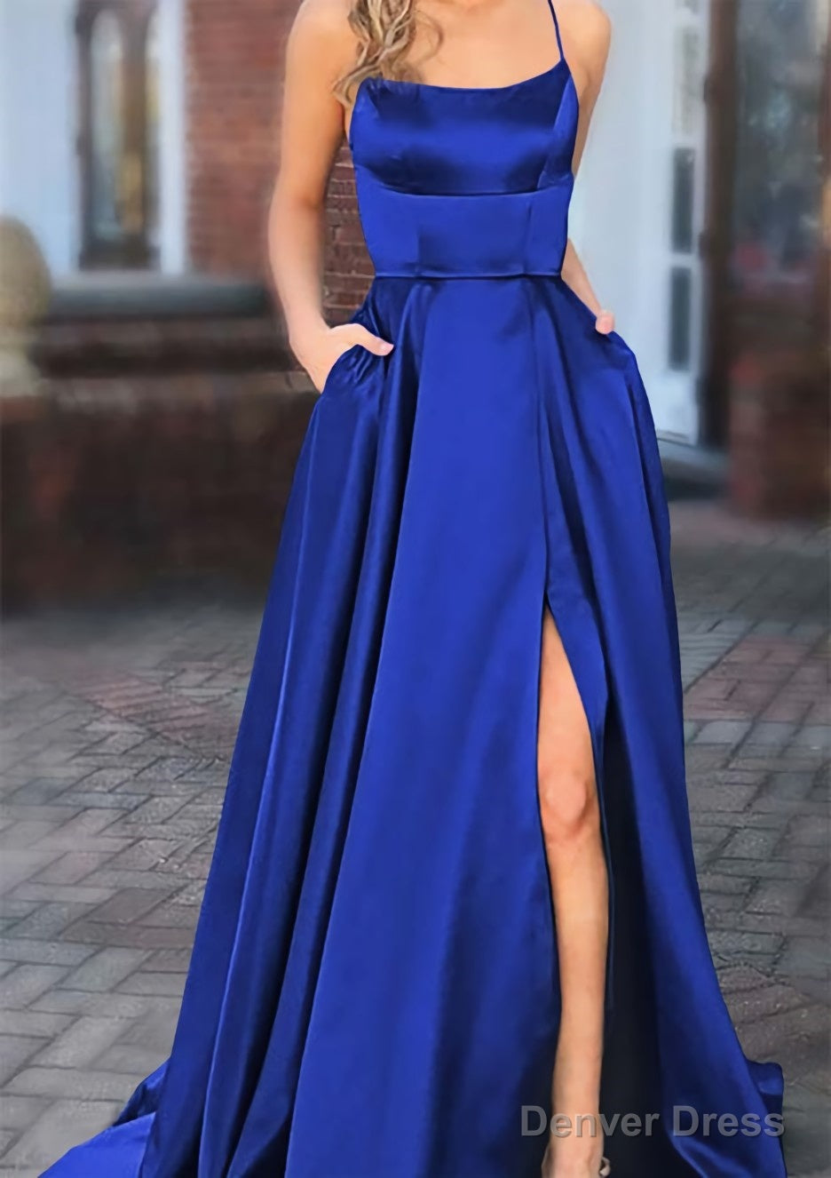 A Line Square Neckline Spaghetti Straps Sweep Train Charmeuse Prom Dresses With Pockets Split