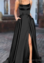 A-line Square Neckline Spaghetti Straps Sweep Train Charmeuse Prom Dresses With Pockets Split