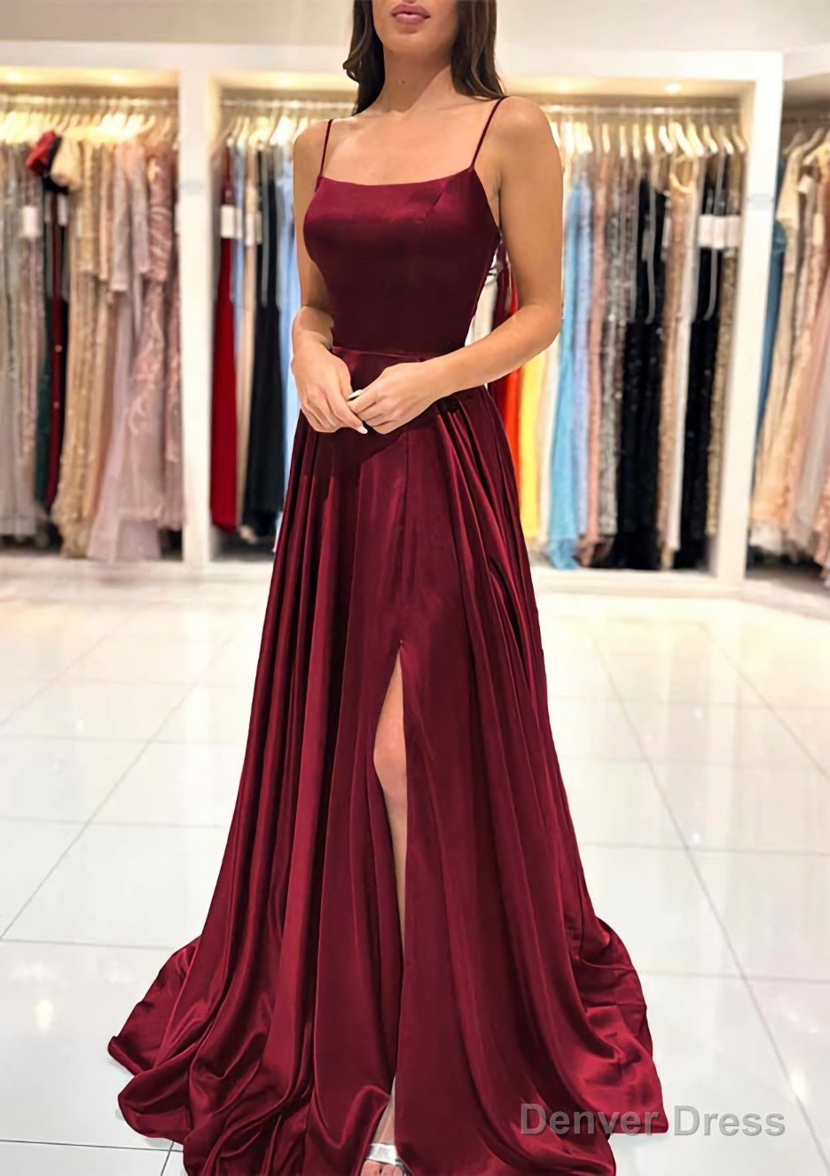 A Line Square Neckline Spaghetti Straps Sweep Train Charmeuse Prom Dresses With Split