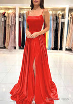 A-line Square Neckline Spaghetti Straps Sweep Train Charmeuse Prom Dresses With Split