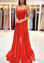 A Line Square Neckline Spaghetti Straps Sweep Train Charmeuse Prom Dresses With Split