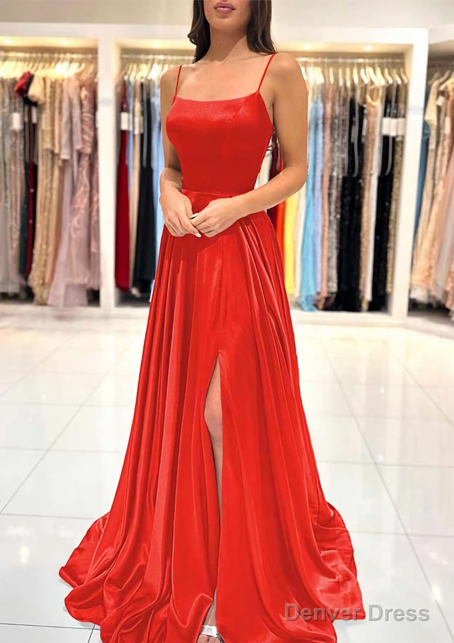 A Line Square Neckline Spaghetti Straps Sweep Train Charmeuse Prom Dresses With Split