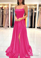 A Line Square Neckline Spaghetti Straps Sweep Train Charmeuse Prom Dresses With Split
