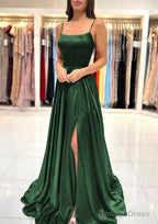 A Line Square Neckline Spaghetti Straps Sweep Train Charmeuse Prom Dresses With Split