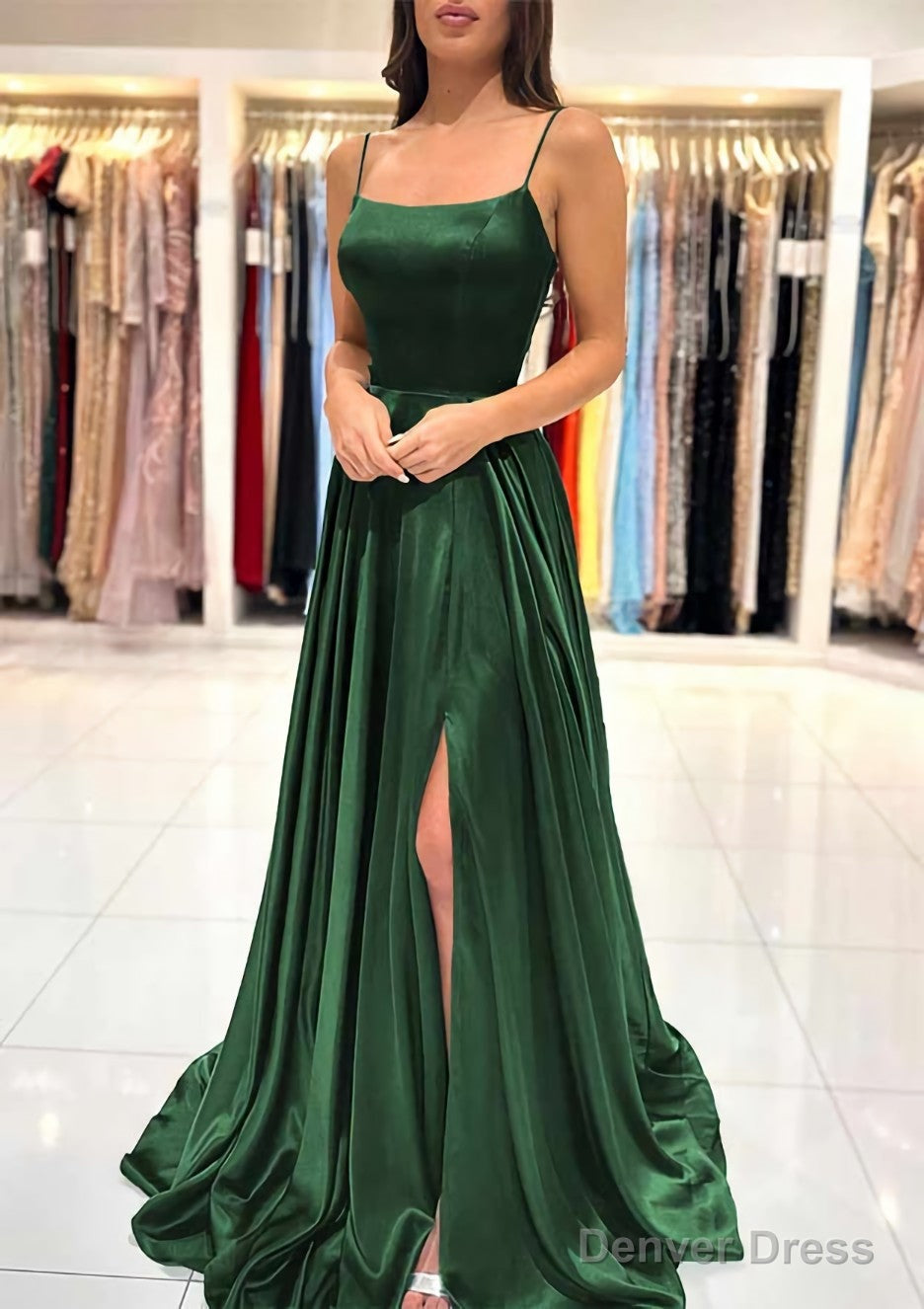 A Line Square Neckline Spaghetti Straps Sweep Train Charmeuse Prom Dresses With Split
