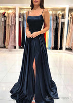A Line Square Neckline Spaghetti Straps Sweep Train Charmeuse Prom Dresses With Split