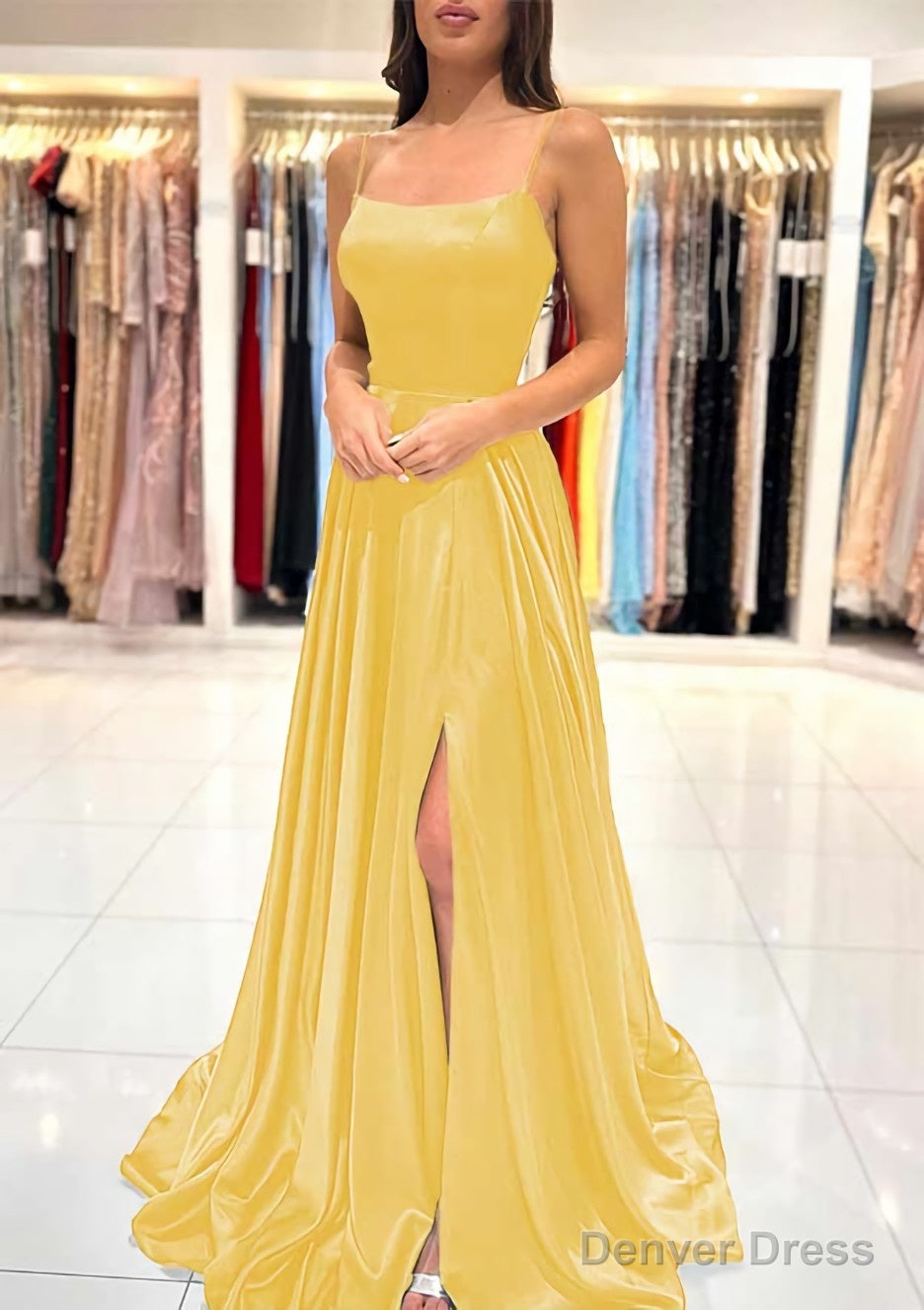 A Line Square Neckline Spaghetti Straps Sweep Train Charmeuse Prom Dresses With Split