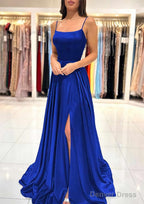 A Line Square Neckline Spaghetti Straps Sweep Train Charmeuse Prom Dresses With Split