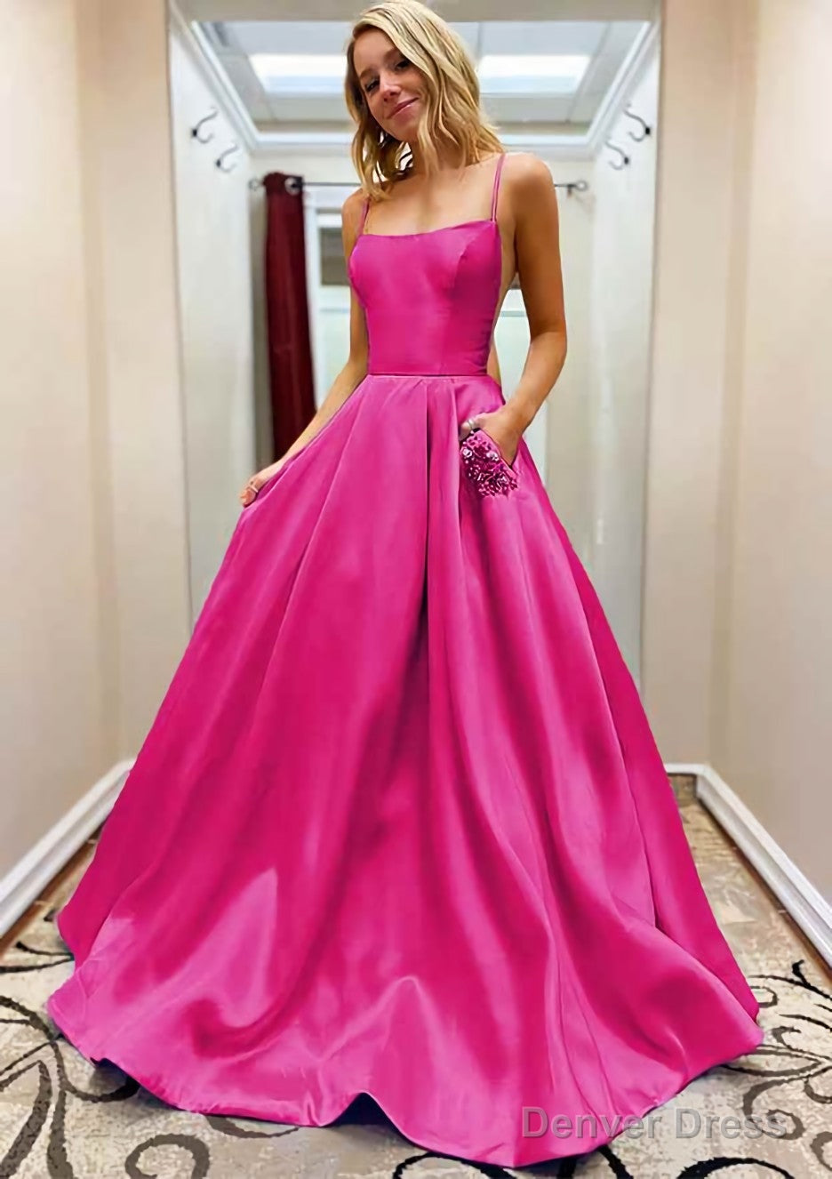 A-line Square Neckline Spaghetti Straps Sweep Train Satin Prom Dresses With Beading Pockets