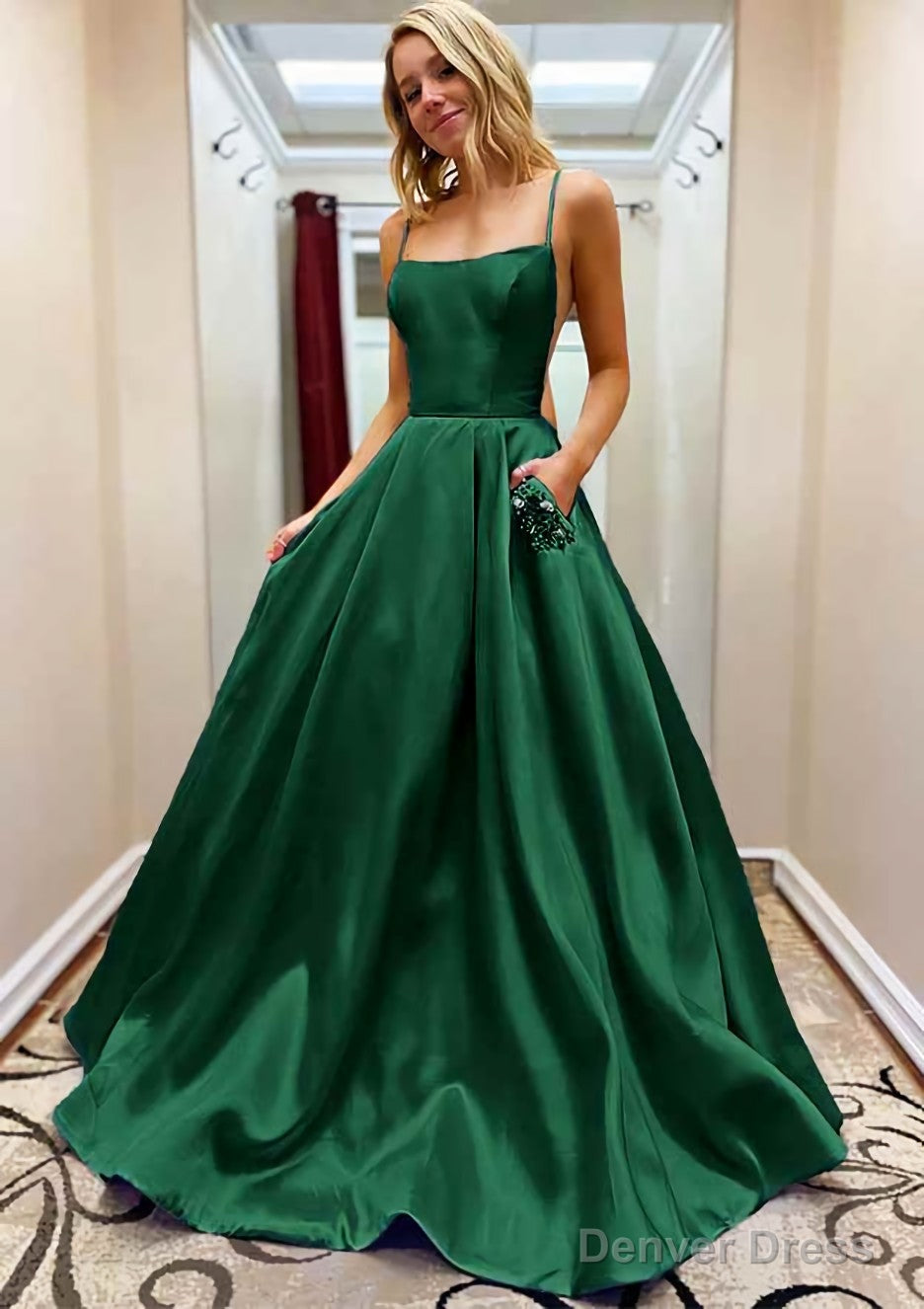 A-line Square Neckline Spaghetti Straps Sweep Train Satin Prom Dresses With Beading Pockets