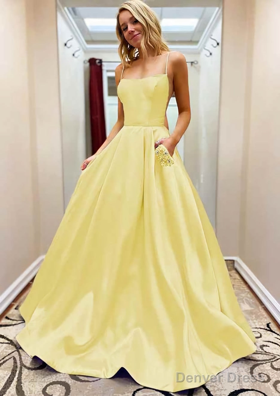 A-line Square Neckline Spaghetti Straps Sweep Train Satin Prom Dresses With Beading Pockets