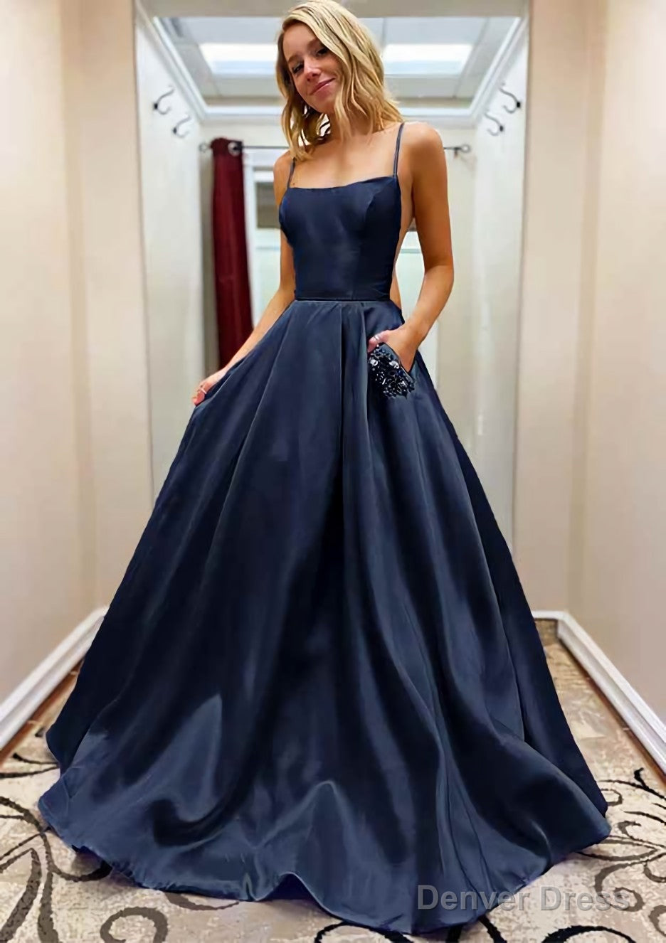 A Line Square Neckline Spaghetti Straps Sweep Train Satin Prom Dresses With Beading Pockets Secondary image