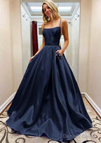 A Line Square Neckline Spaghetti Straps Sweep Train Satin Prom Dresses With Beading Pockets