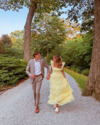 A-Line Square Yellow Tiered Long Prom Dress Princess Tulle Prom Dresses