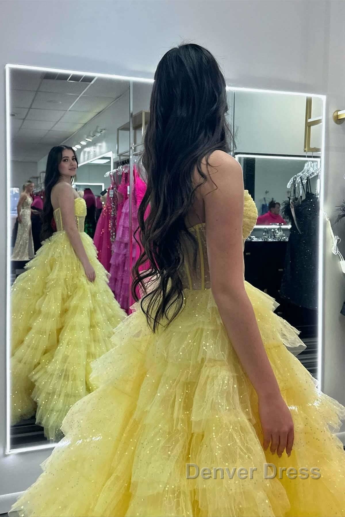 A Line Strapless Corset Glitter Tulle Prom Dresses with Ruffles