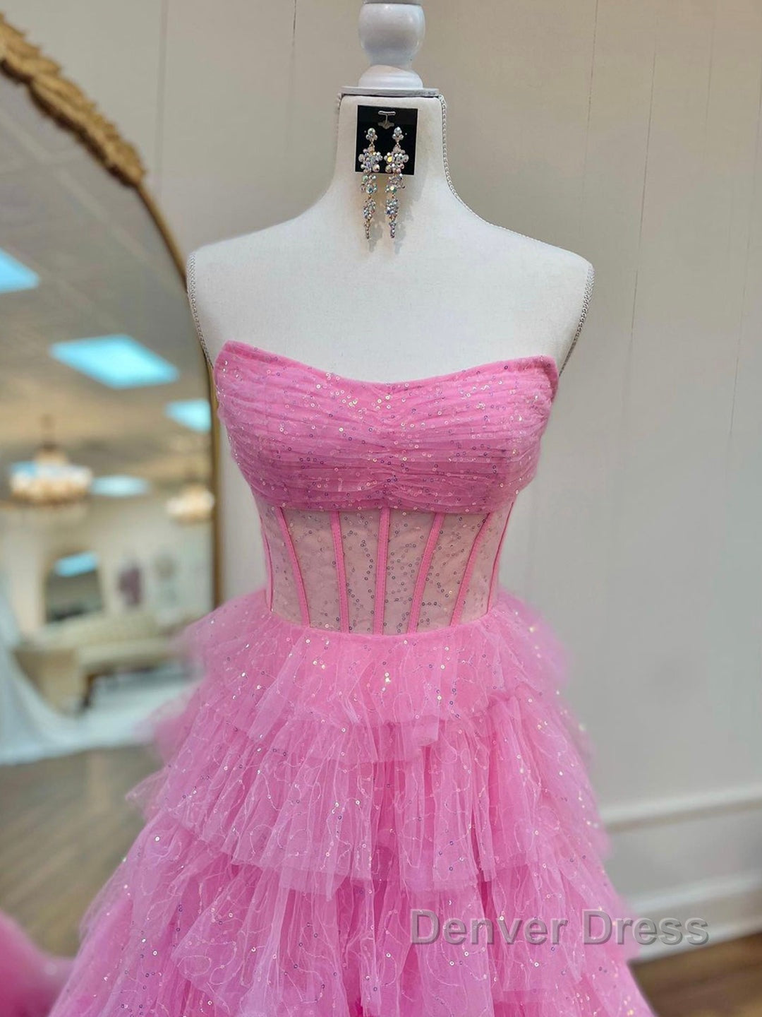 A Line Strapless Corset Glitter Tulle Prom Dresses with Ruffles Secondary image