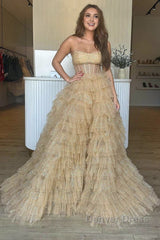 A Line Strapless Corset Glitter Tulle Prom Dresses with Ruffles