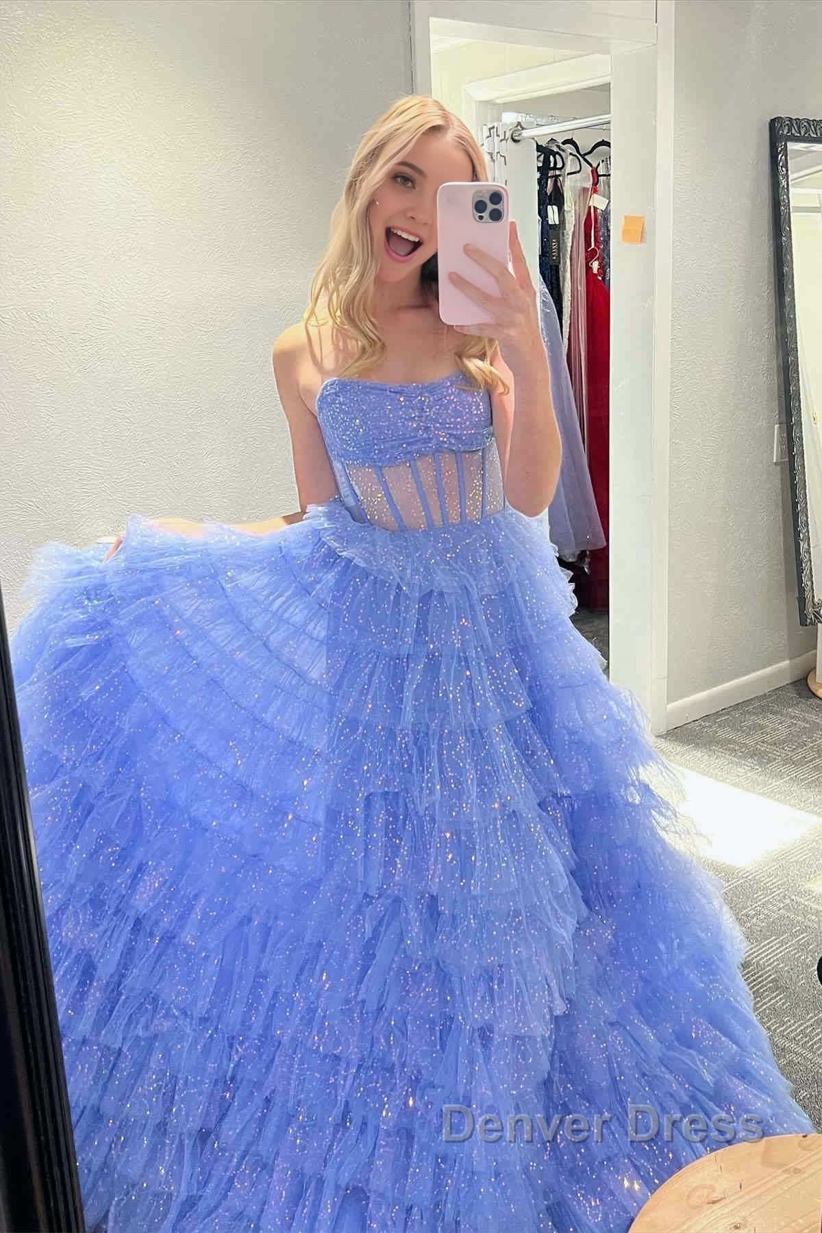 A Line Strapless Corset Glitter Tulle Prom Dresses with Ruffles