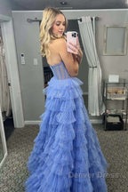 A Line Strapless Corset Glitter Tulle Prom Dresses with Ruffles
