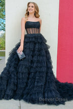 A Line Strapless Corset Glitter Tulle Prom Dresses with Ruffles