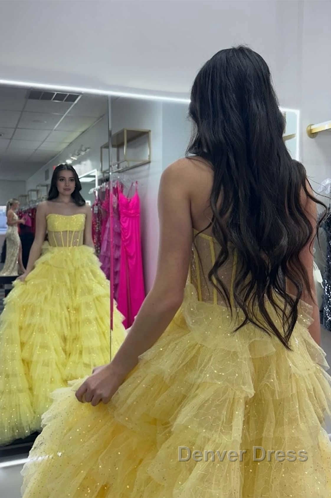 A Line Strapless Corset Glitter Tulle Prom Dresses with Ruffles