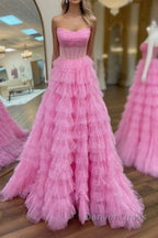 A Line Strapless Corset Glitter Tulle Prom Dresses with Ruffles