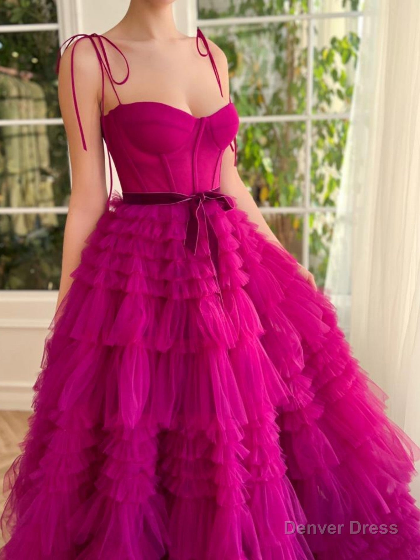 A Line Strapless Fuchsia Tiered Long Tulle Prom Dress