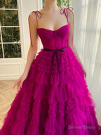 A Line Strapless Fuchsia Tiered Long Tulle Prom Dress