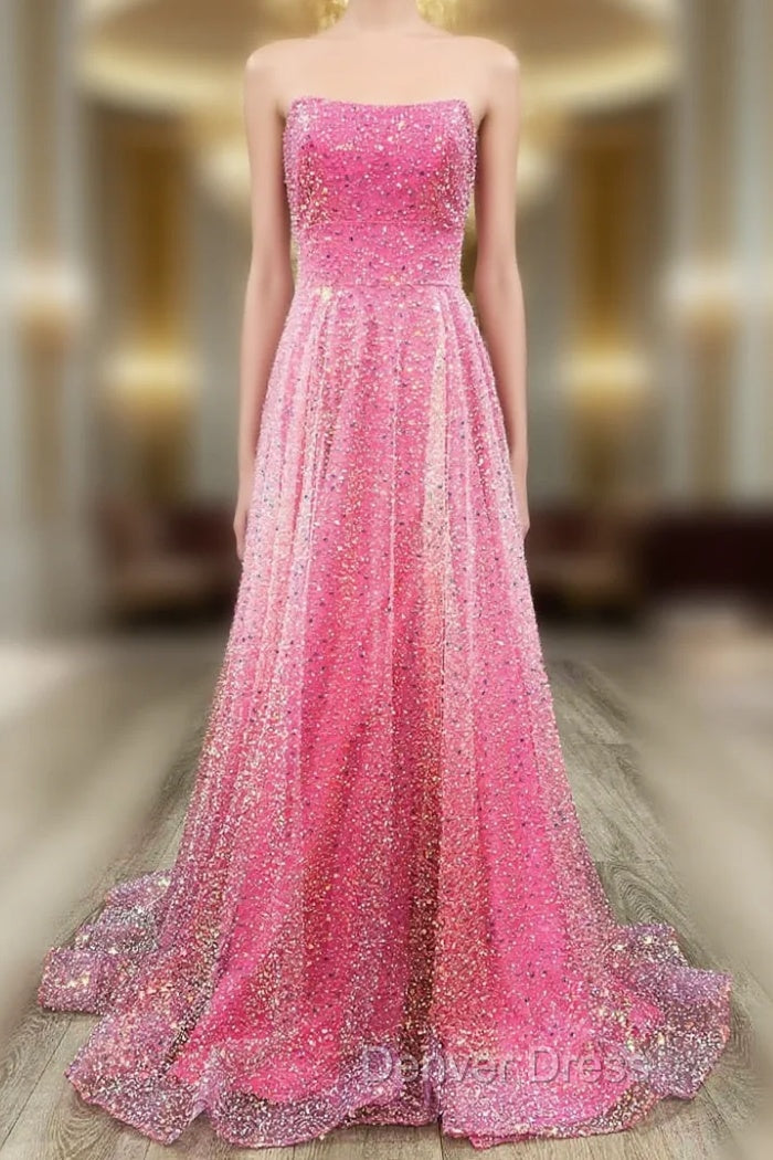 A-Line Strapless Hot Pink Sequins Long Prom Dresses Main image