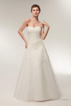 A Line Strapless Ivory Lace Floor Length Wedding Dresses
