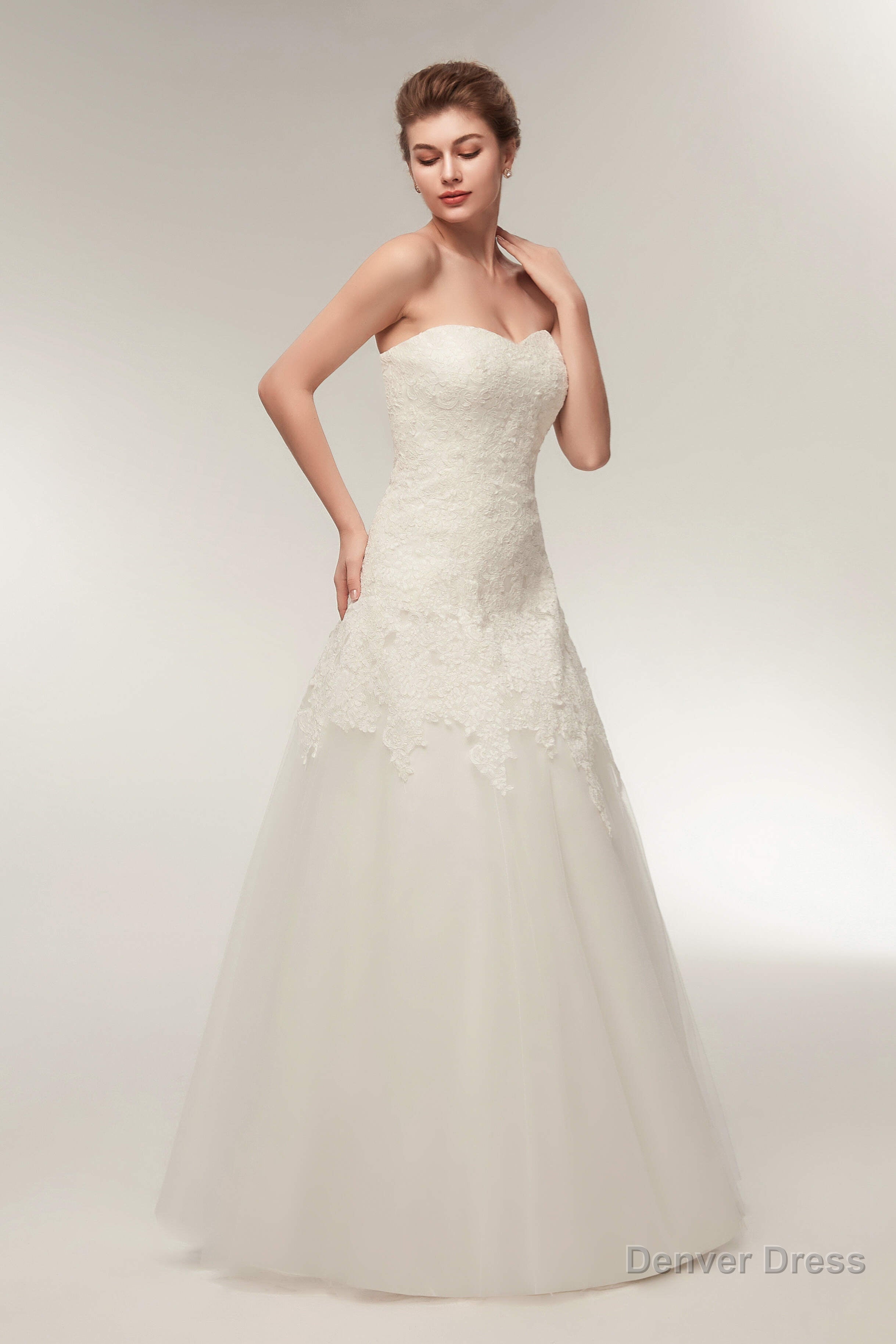 A Line Strapless Ivory Lace Floor Length Wedding Dresses