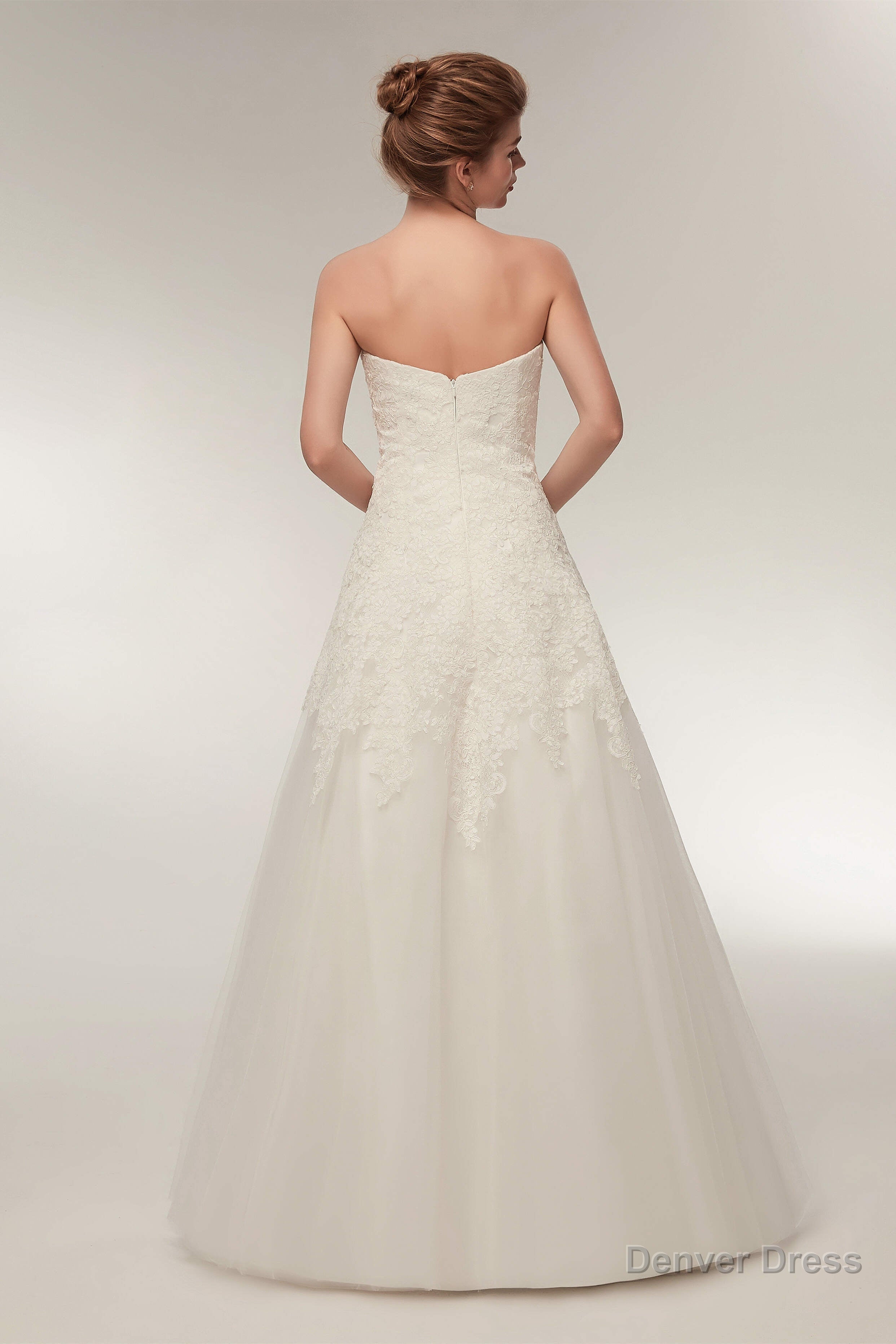 A Line Strapless Ivory Lace Floor Length Wedding Dresses