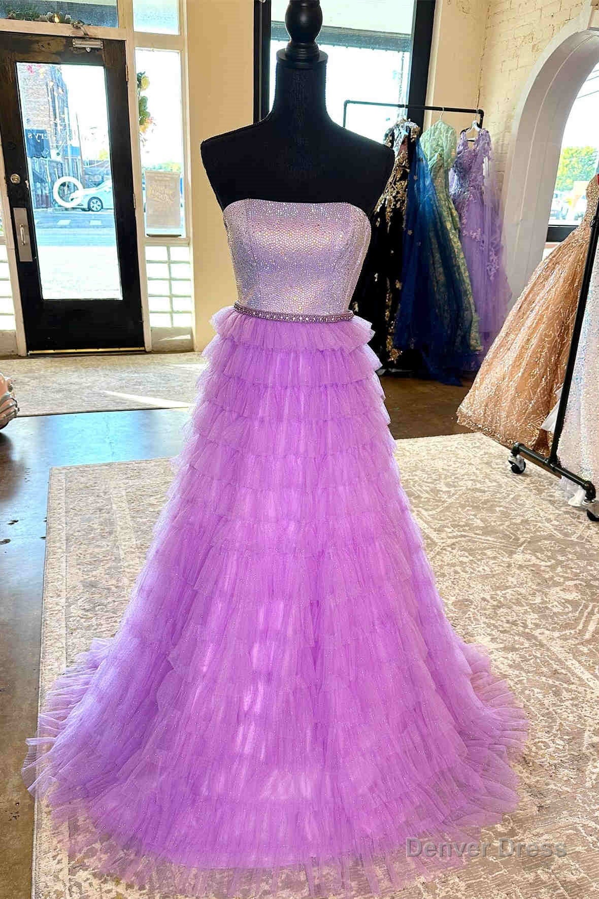 A Line Strapless Lilac Layered Long Prom Dresses with Rhinestones