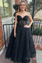 A Line Strapless Multi Layers Tulle Prom Dresses with Slit