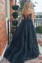 A Line Strapless Multi Layers Tulle Prom Dresses with Slit