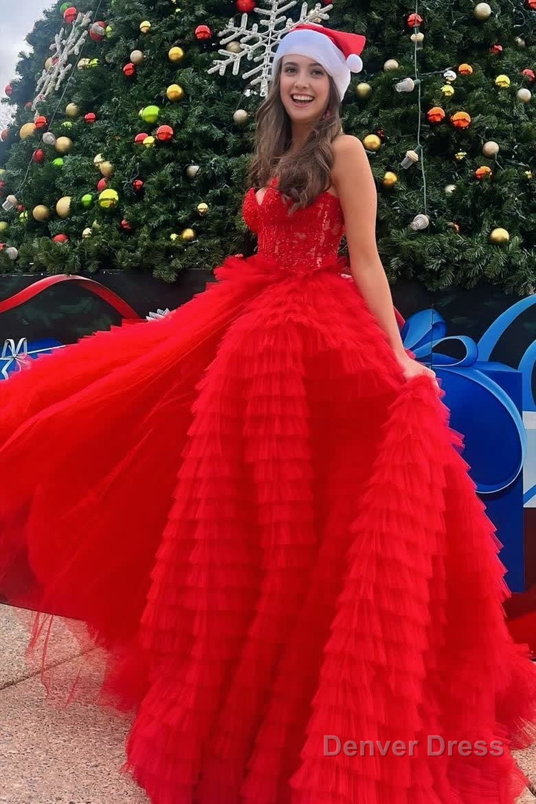 A Line Strapless Multi Layers Tulle Prom Dresses with Slit