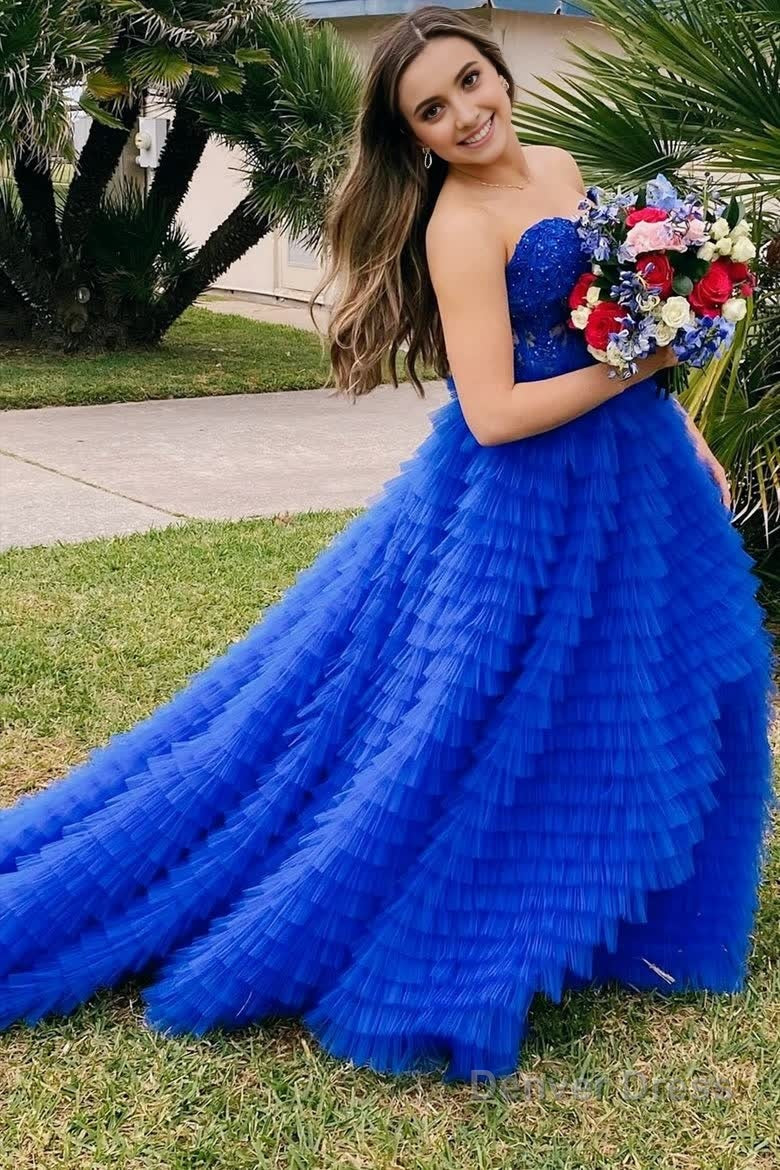 A Line Strapless Multi Layers Tulle Prom Dresses with Slit