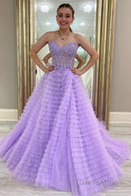 A-line Strapless Multi-Layers Tulle Prom Dress with Slit