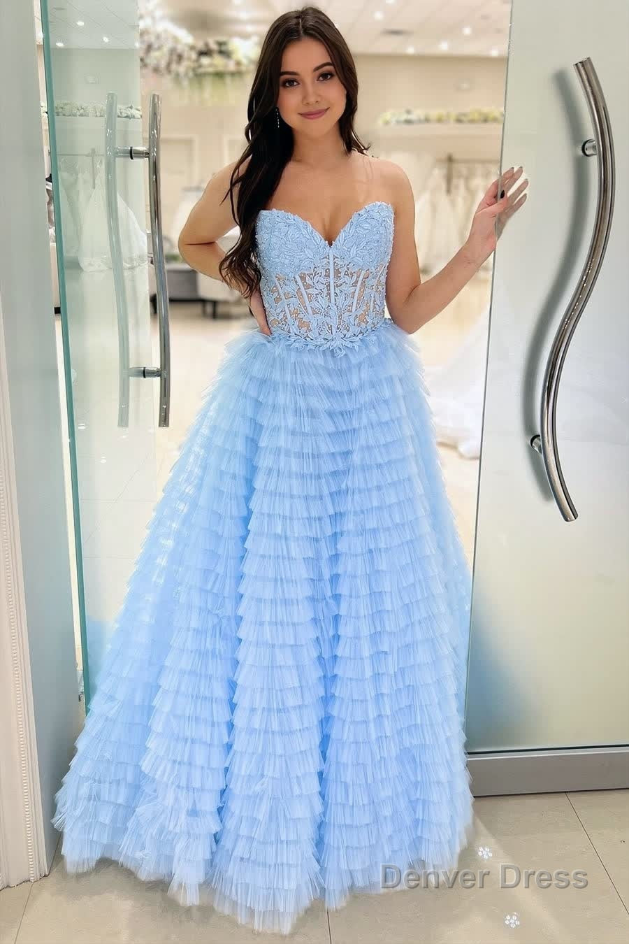 A Line Strapless Multi Layers Tulle Prom Dresses with Slit