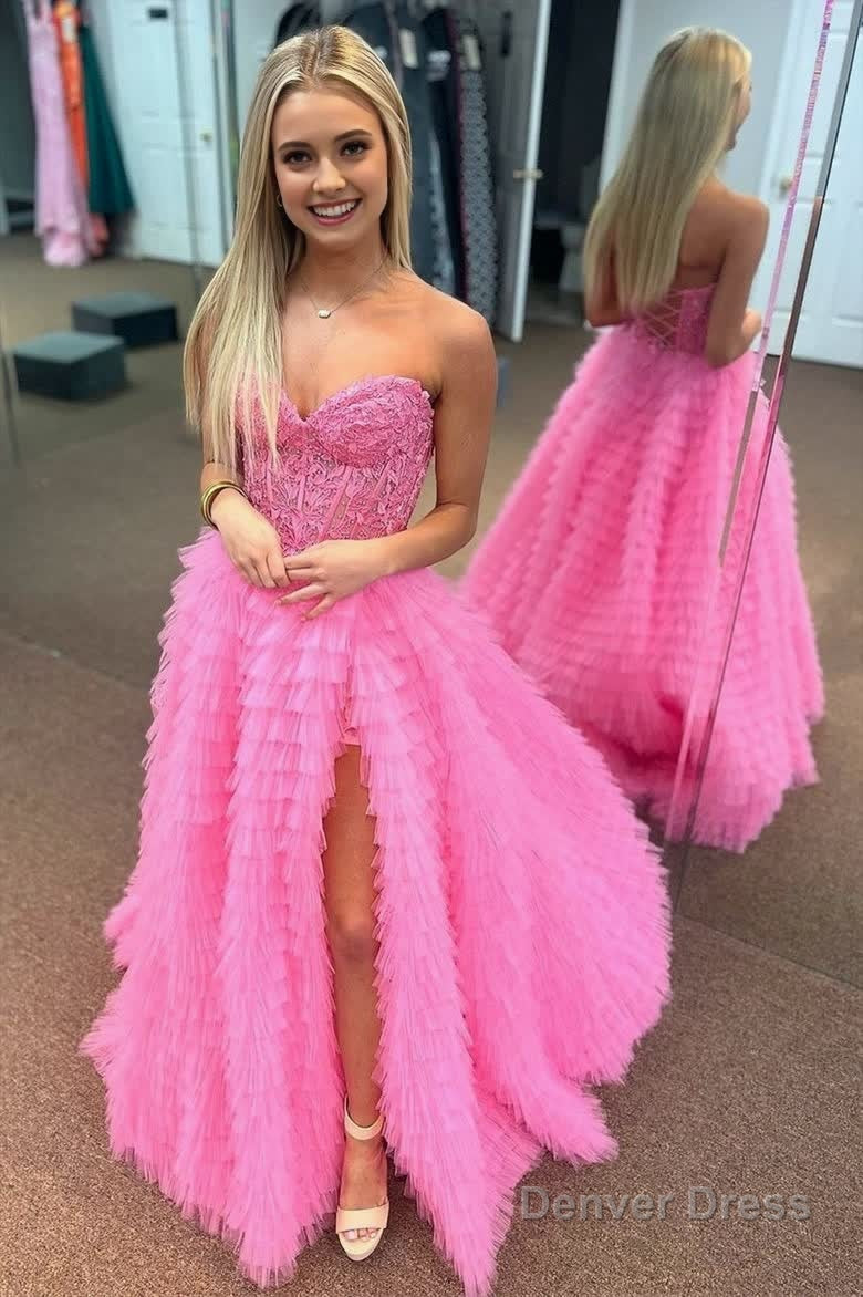 A Line Strapless Multi Layers Tulle Prom Dresses with Slit