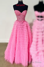 A Line Strapless Multi Layers Tulle Prom Dresses with Slit