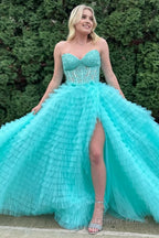 A Line Strapless Multi Layers Tulle Prom Dresses with Slit
