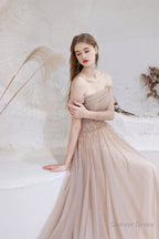 A Line Strapless Off The Shoulder Lace Up Beading Tulle Long Prom Dresses