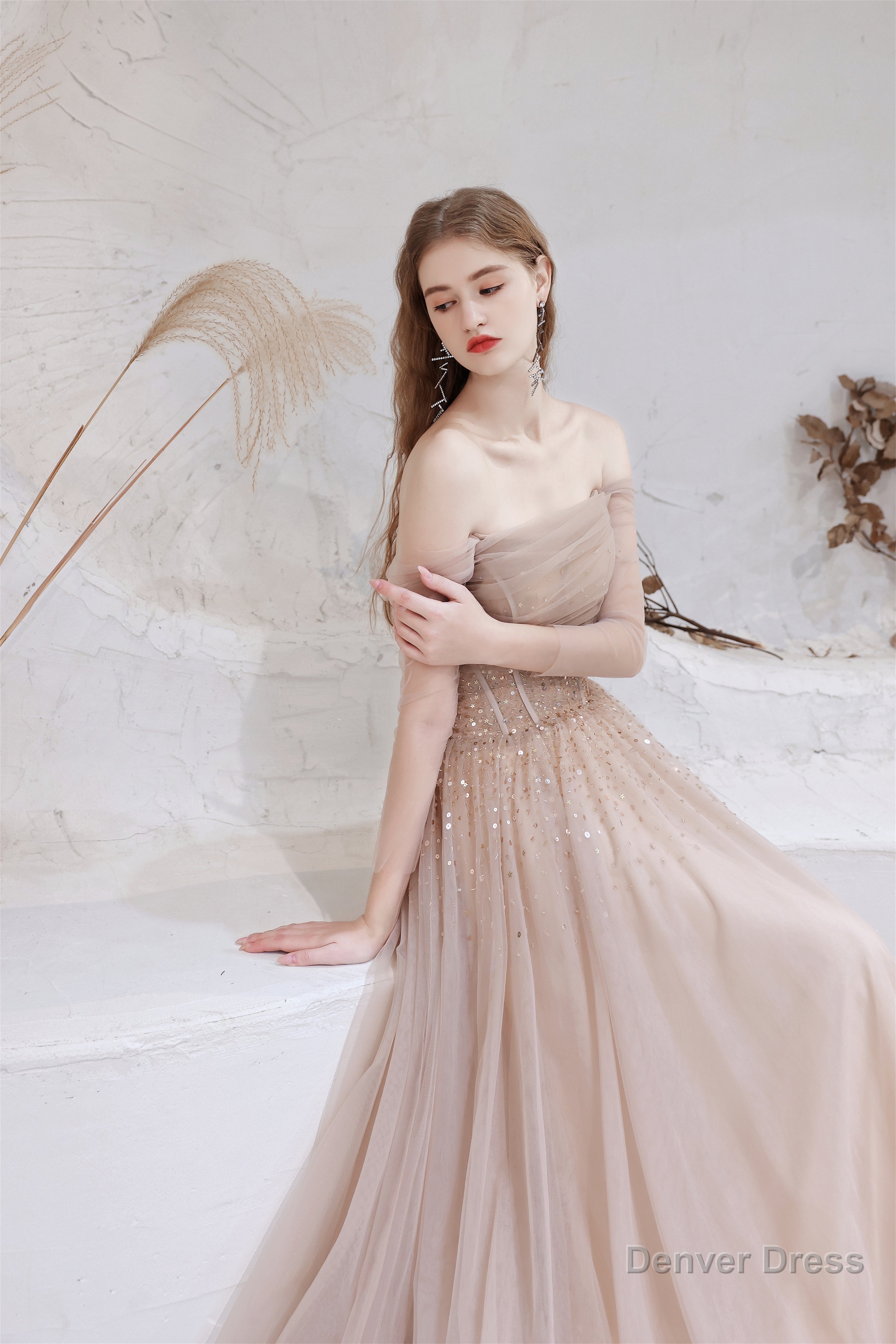 A Line Strapless Off The Shoulder Lace Up Beading Tulle Long Prom Dresses