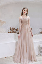 A Line Strapless Off The Shoulder Lace Up Beading Tulle Long Prom Dresses