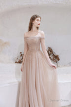 A Line Strapless Off The Shoulder Lace Up Beading Tulle Long Prom Dresses