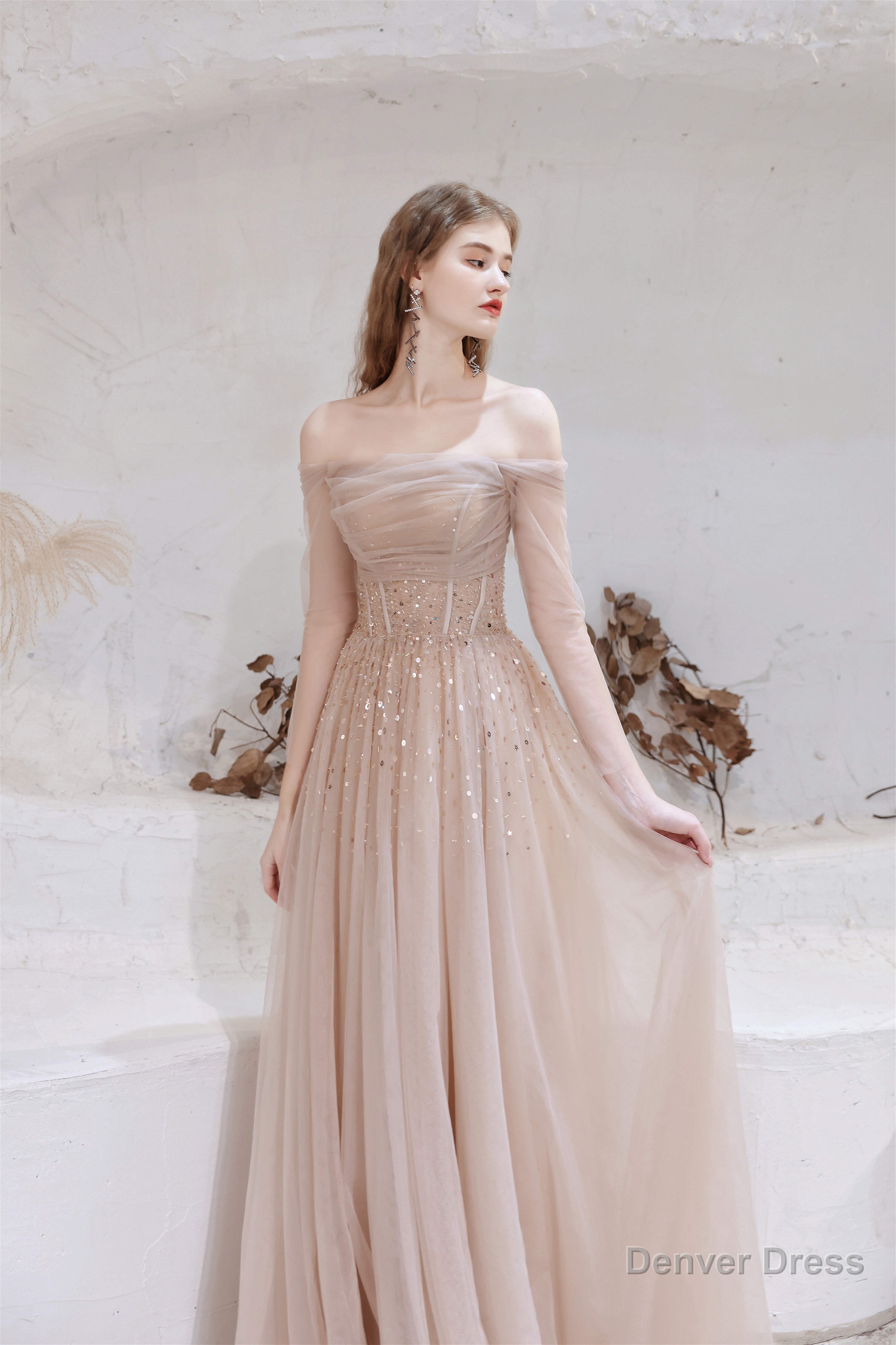 A Line Strapless Off The Shoulder Lace Up Beading Tulle Long Prom Dresses