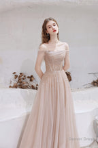 A Line Strapless Off The Shoulder Lace Up Beading Tulle Long Prom Dresses