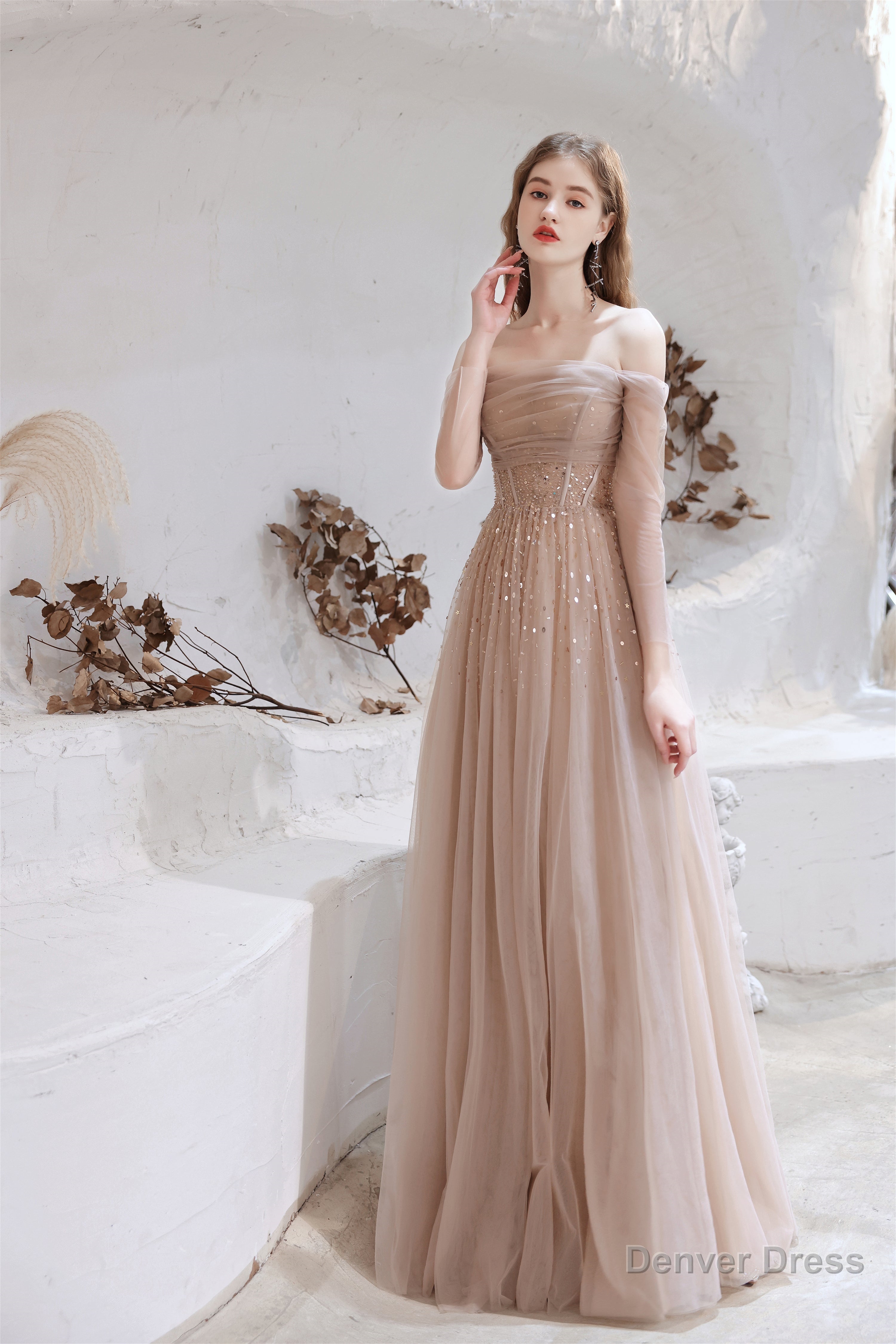 A Line Strapless Off The Shoulder Lace Up Beading Tulle Long Prom Dresses