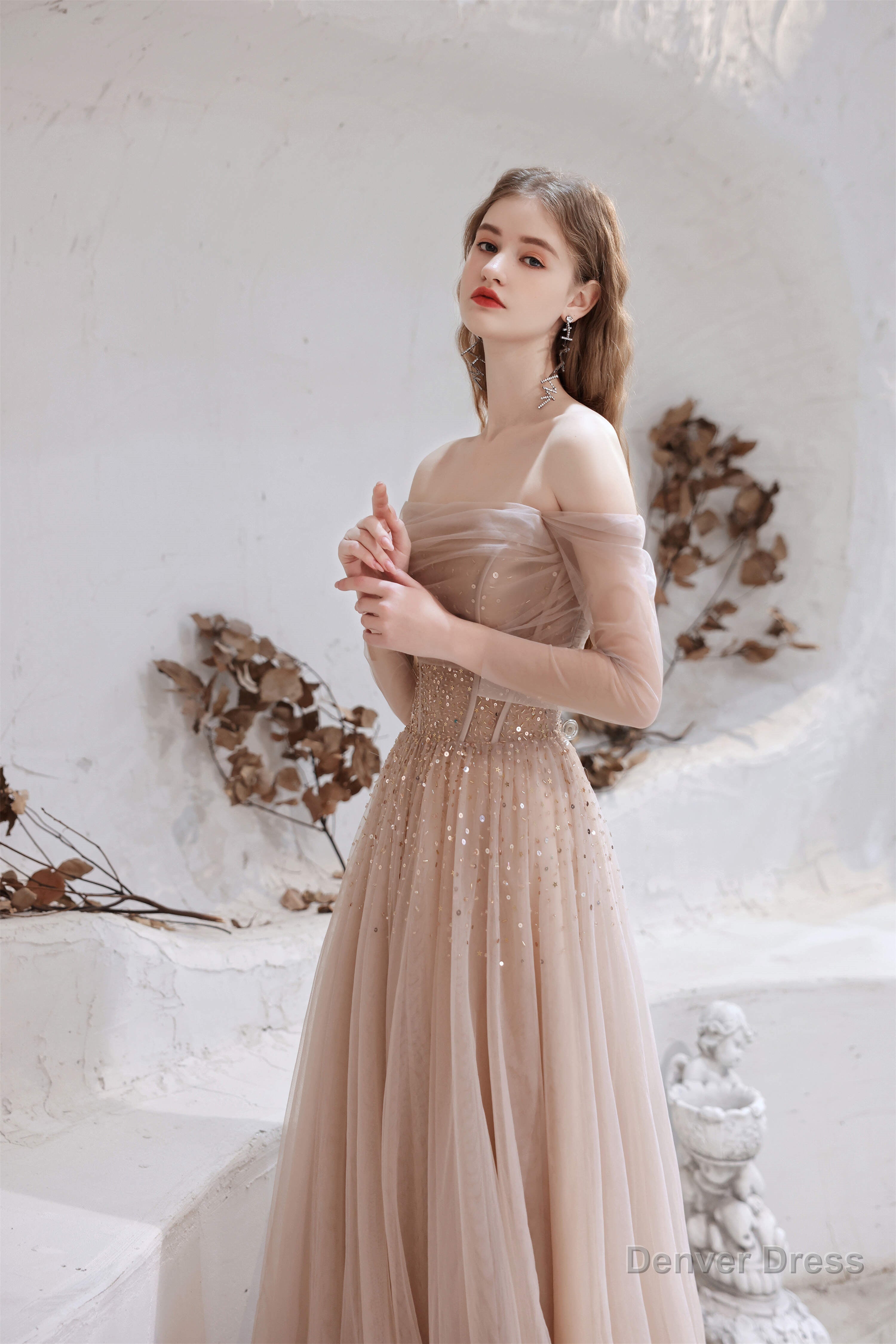A Line Strapless Off The Shoulder Lace Up Beading Tulle Long Prom Dresses
